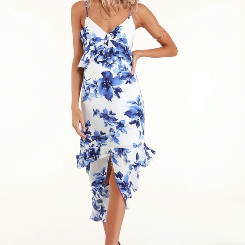 Lulus Floral Island time blue and white floral ruffles midi dress